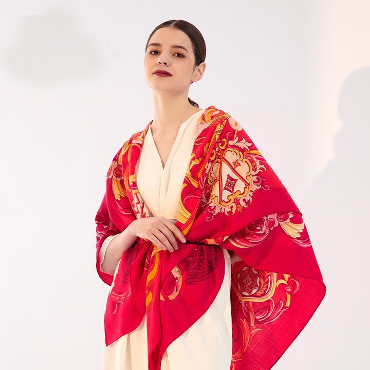 Anthem (Orange) silk wool shawl, elegant ladies' square scarf suitable for all seasons