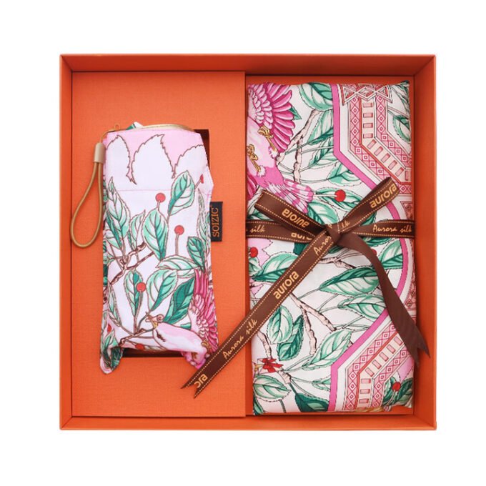 Aurora Cherish 100% mulberry silk twill scarf and art umbrella gift set