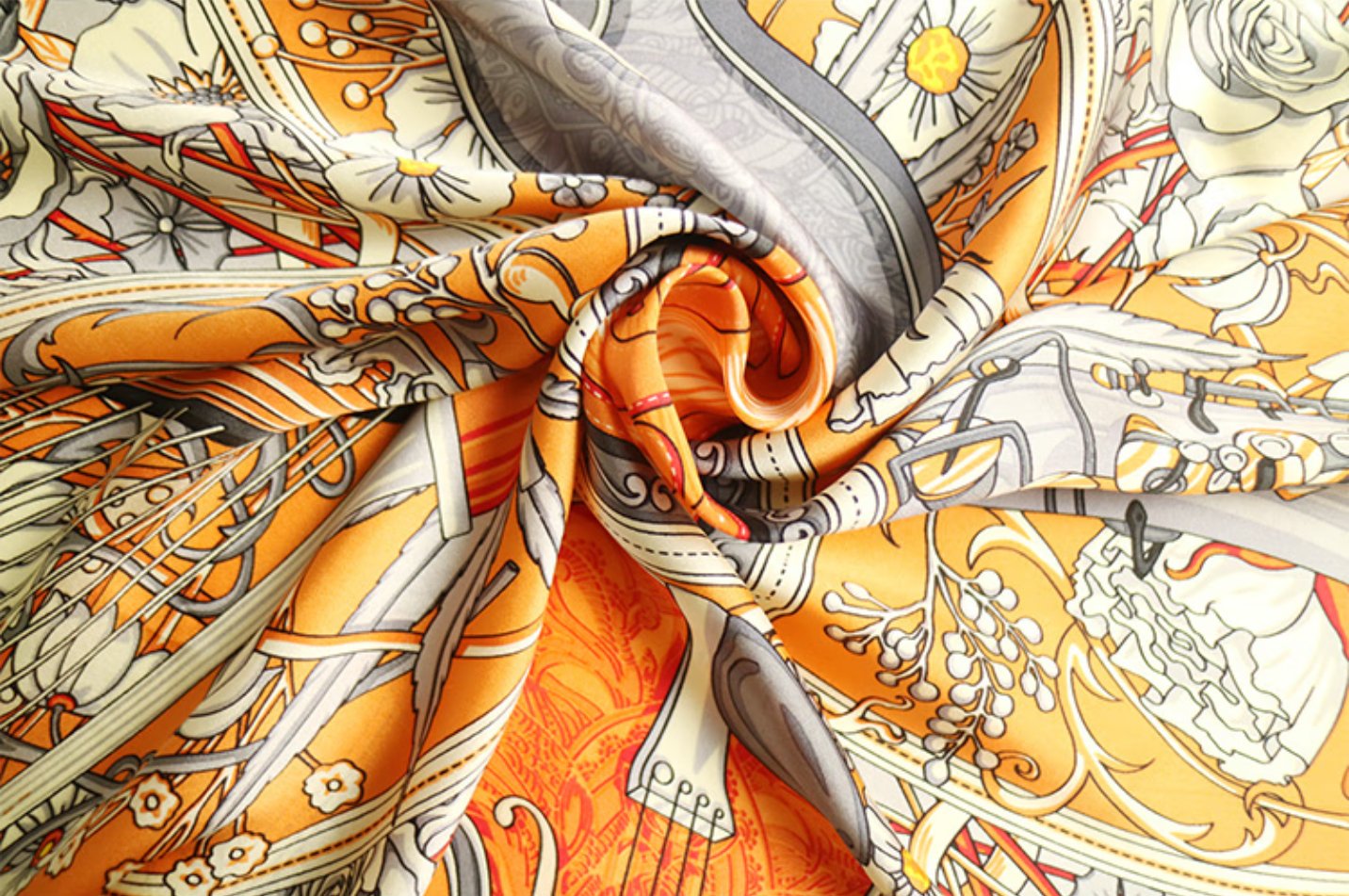 Flower Waltz Silk Scarf, Four Seasons Universal Mulberry Silk 100% Large Square Scarf (Orange Red)