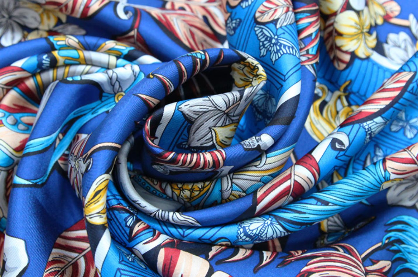 Butterfly Language Flower Museum (Blue) Silk Square Towel, 100% Mulberry Silk Wedding Scarf