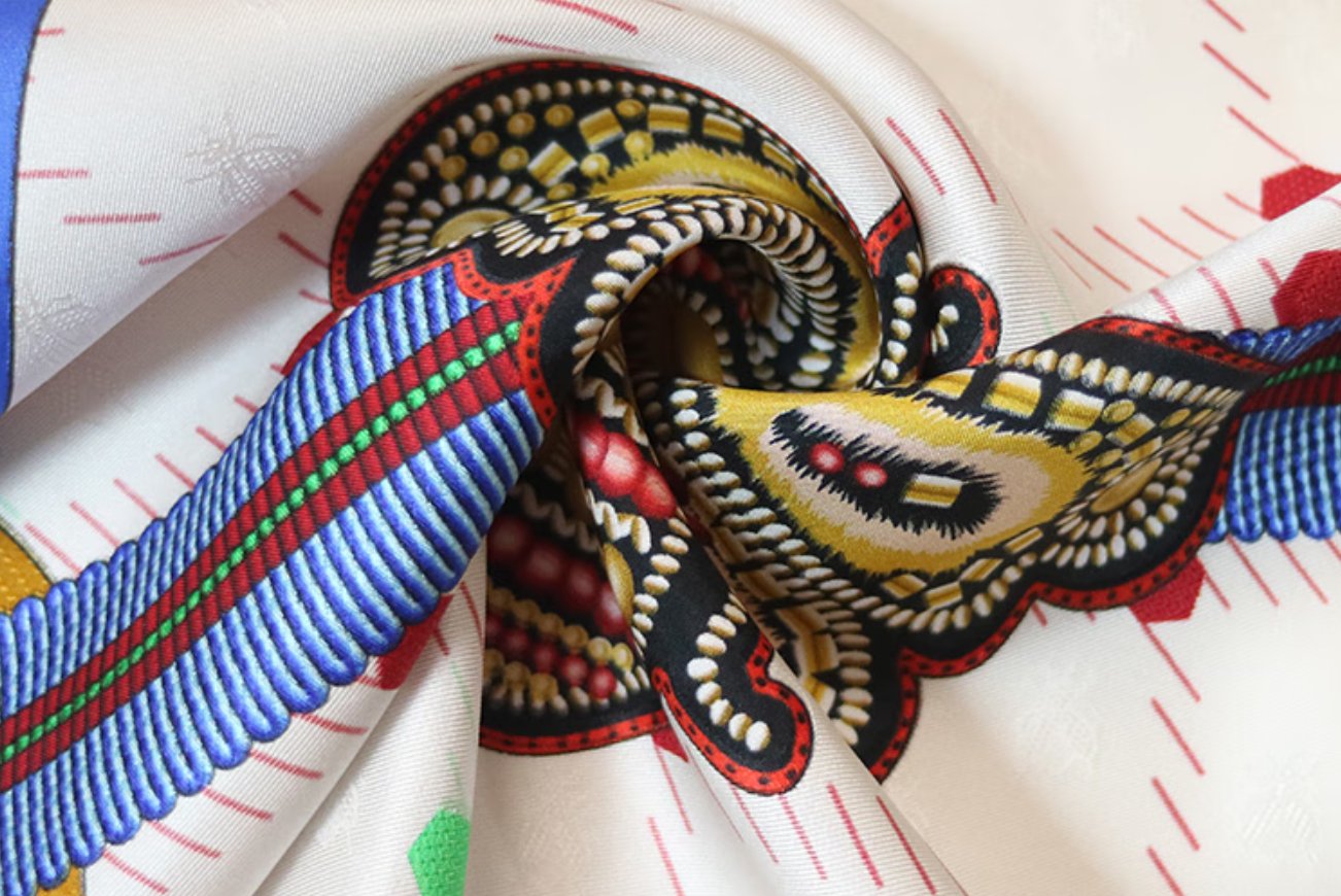 Aurora Silk Scarf - Bee and Nest (Blue) Double sided Jacquard Pair Diamond shaped Silk Scarf