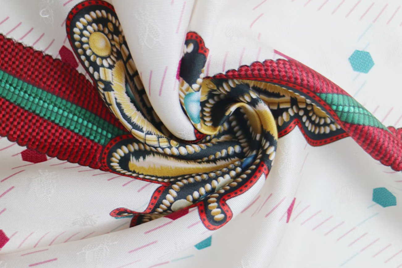 Aurora Silk Scarf - Bee and Nest (Red) Double sided Jacquard Pair Diamond shaped Silk Scarf