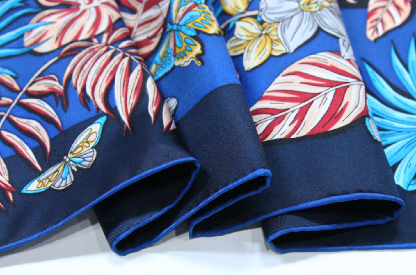 Butterfly Language Flower Museum (Blue) Silk Square Towel, 100% Mulberry Silk Wedding Scarf