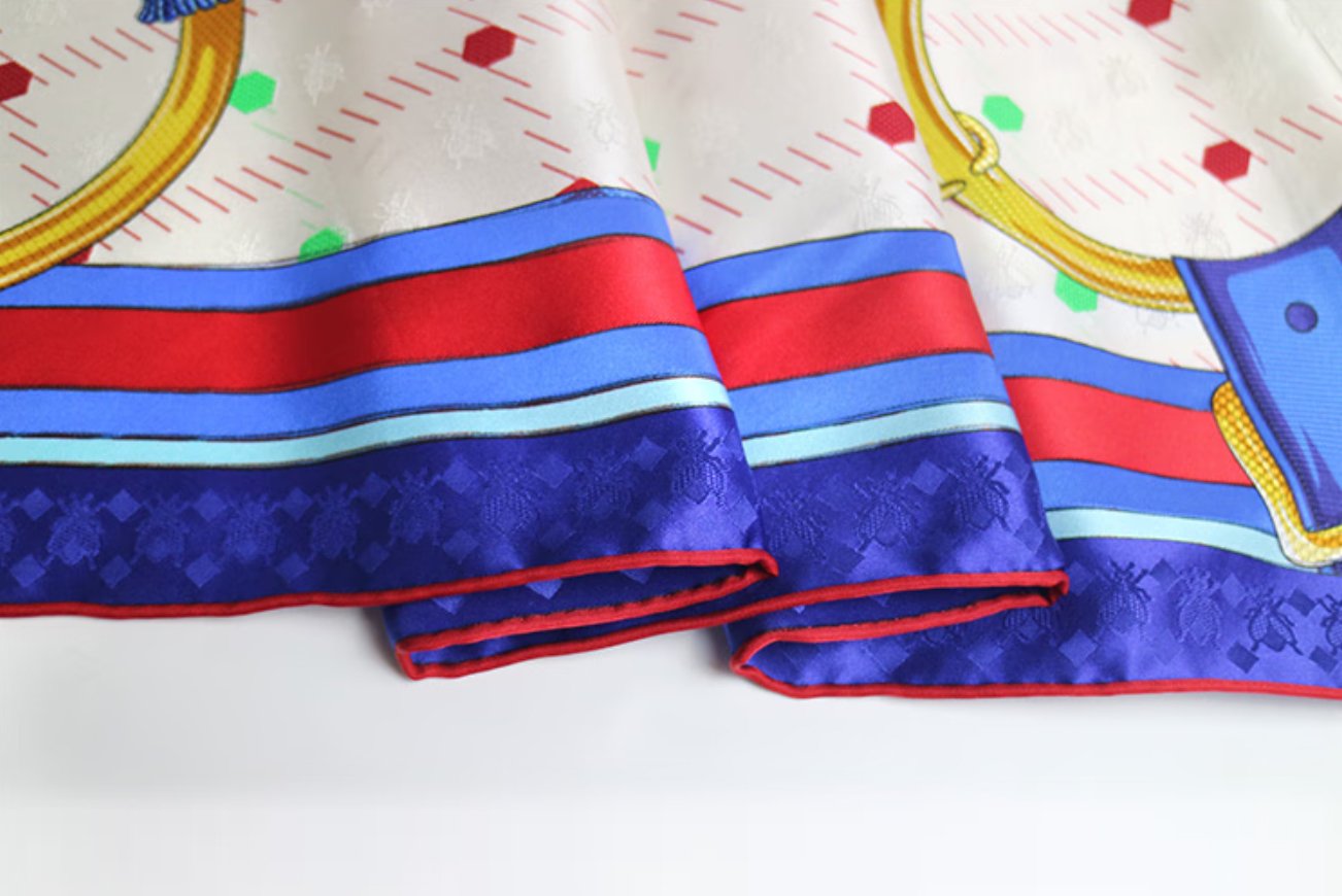 Aurora Silk Scarf - Bee and Nest (Blue) Double sided Jacquard Pair Diamond shaped Silk Scarf