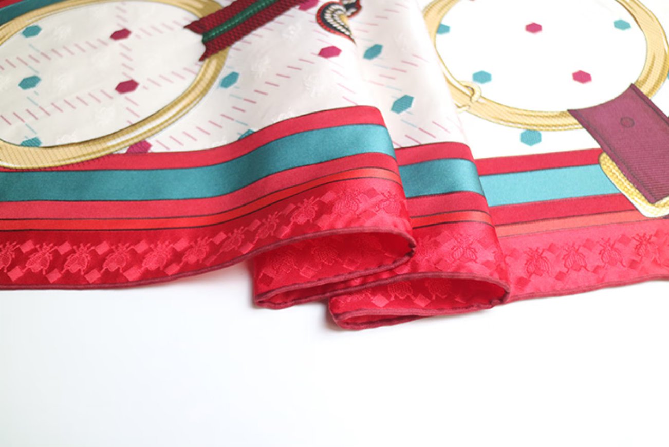 Aurora Silk Scarf - Bee and Nest (Red) Double sided Jacquard Pair Diamond shaped Silk Scarf
