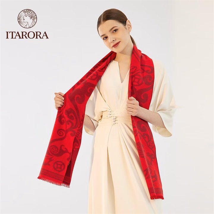 ITARORA Aurora Series Silk Jacquard Velvet Scarf 100% Mulberry Silk Fortune Comes Red Scarf