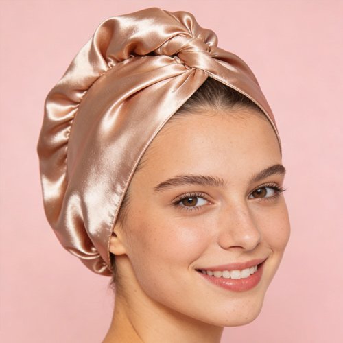 Model wearing custom Aurora silk shower cap in blush tone