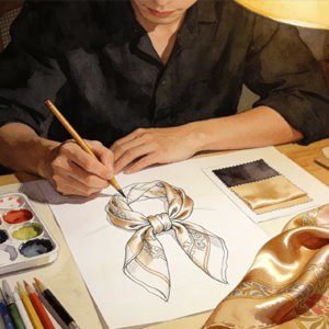 Aurora designer sketching a custom silk scarf pattern for personalized design services