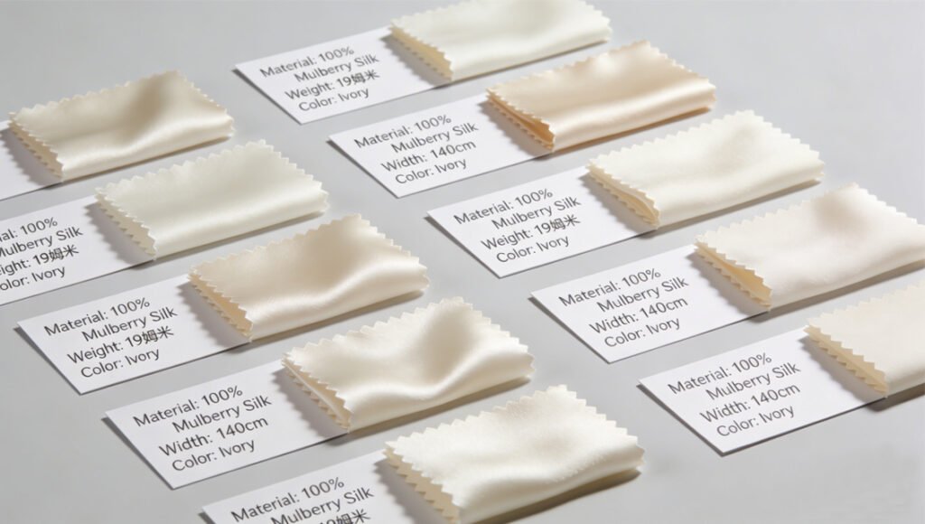Premium mulberry silk fabric swatches with material labels for custom scarf sampling