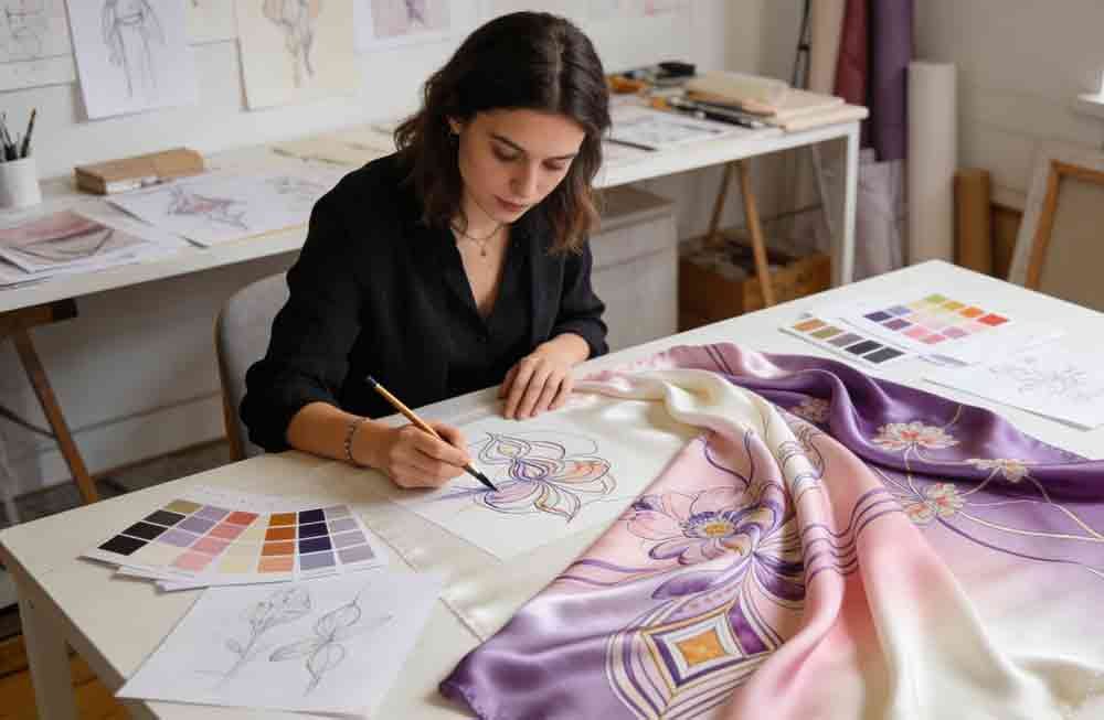 Aurora design expert sketching a custom silk scarf pattern on premium mulberry silk
