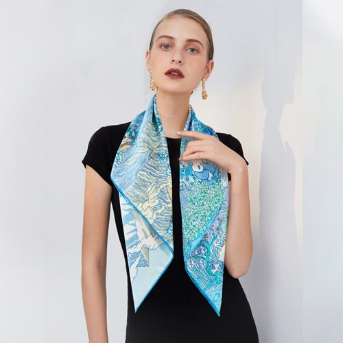 Model wearing custom Aurora luxury silk scarf with unique print